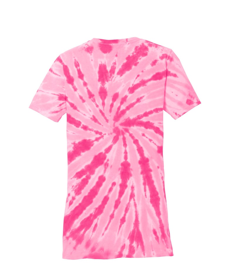 May include: Pink tie-dye t-shirt with a spiral pattern.