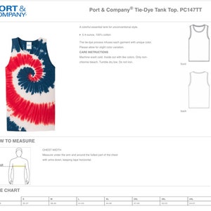 Puede incluir: Camiseta de tirantes tie-dye en colores rojo, blanco y azul. La camiseta tiene un patr&oacute;n de espiral. La tabla de tallas muestra las medidas en pulgadas. Port & Company&reg; Tie-Dye Tank Top. PC147TT