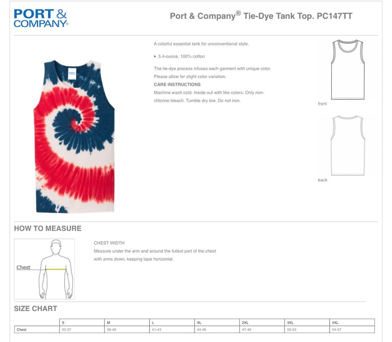 Puede incluir: Camiseta de tirantes tie-dye en colores rojo, blanco y azul. La camiseta tiene un patr&oacute;n de espiral. La tabla de tallas muestra las medidas en pulgadas. Port & Company&reg; Tie-Dye Tank Top. PC147TT