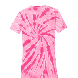 May include: Pink tie-dye t-shirt with a spiral pattern.