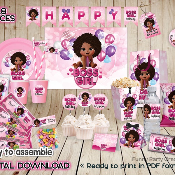 DIGITAL Boss Girl Baby First Birthday Party Kit, African American Party Decorations