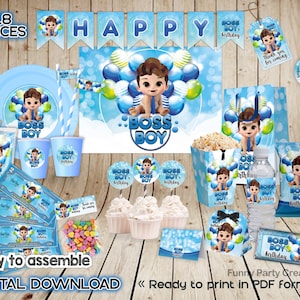 DIGITAL Boss Boy Baby Birthday Party Kit, Light Skin Boy Party Decorations, Printable Party Supplies, Blue Theme Party Ideas