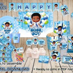DIGITAL Boss Boy Baby Birthday Party Kit, African American Party Decorations, Printable Party Supplies, Blue Theme Party Ideas