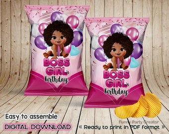 Boss Girl Birthday Chip Bag: African American Party Decor (Digital Download)