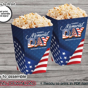 DIGITAL Printable Popcorn Box for Memorial Day, Remember and Honor Day, Printable Memorial Day Theme Ideas