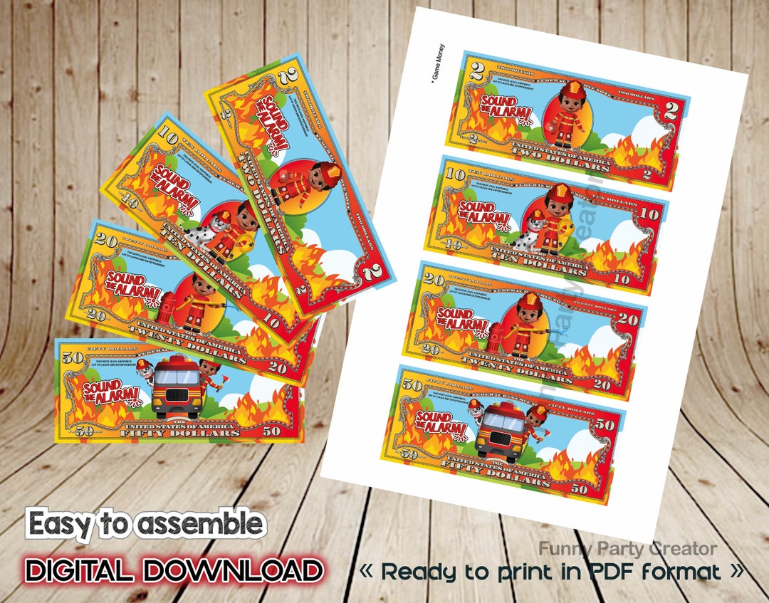 DIGITAL Party Game Money for Fire Fighter Birthday Party, African