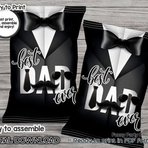 May include: Two black party favor bags designed to look like tuxedos, with a bow tie, shirt, tie, sunglasses, and mustache. The words "best DAD ever" are printed on the front. Text on the bags reads "Ready to Print" and "Easy to assemble".