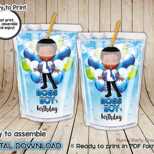 DIGITAL Capri Sun Label for Boss Boy Baby Birthday Party, Decorations for African American Boys, Printable Party Supplies, Blue Theme