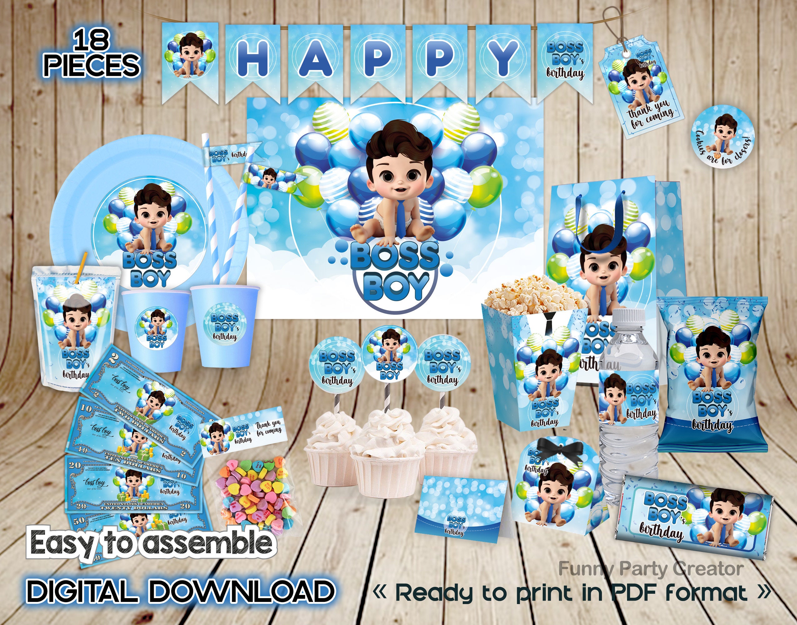 DIGITAL Boss Boy Baby Birthday Party Kit Light Skin Boy Party