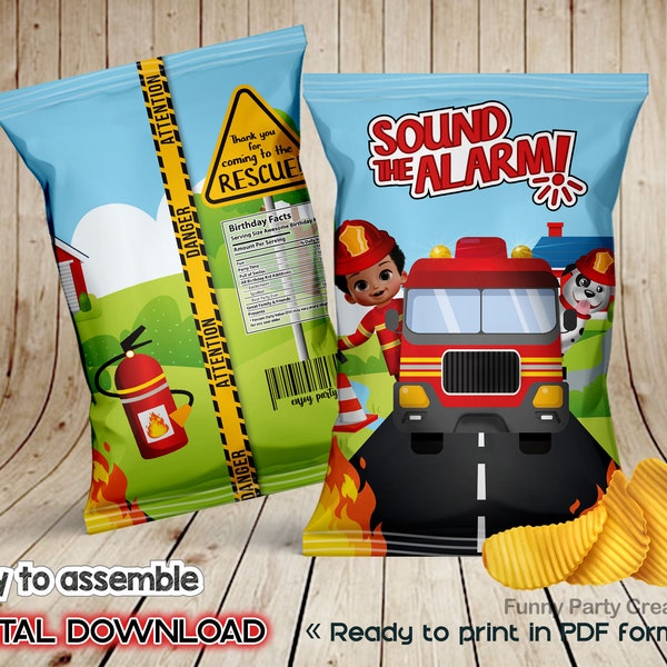 DIGITAL Chips Bag for Fire Man Birthday Party, Decorations for African American Fire Fighter, Afro American Rescue Team