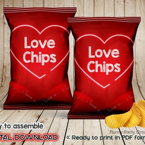 Printable Heart Chips Bag for Valentine&#39;s Day, Romantic Snack Packaging, Love-Themed Chip Bag Design