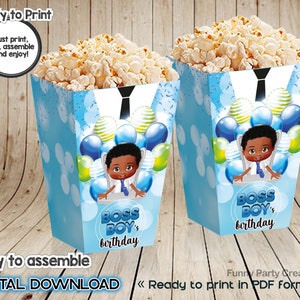 DIGITAL Popcorn Box for Boss Boy Baby Birthday Party, African American Decorations for Boys, Printable Party Supplies, Blue Theme