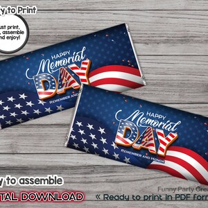 DIGITAL Printable Chocolate Wrapper / Hersey&#39;s Label for Memorial Day, Remember and Honor Day, Printable Memorial Day Theme Ideas