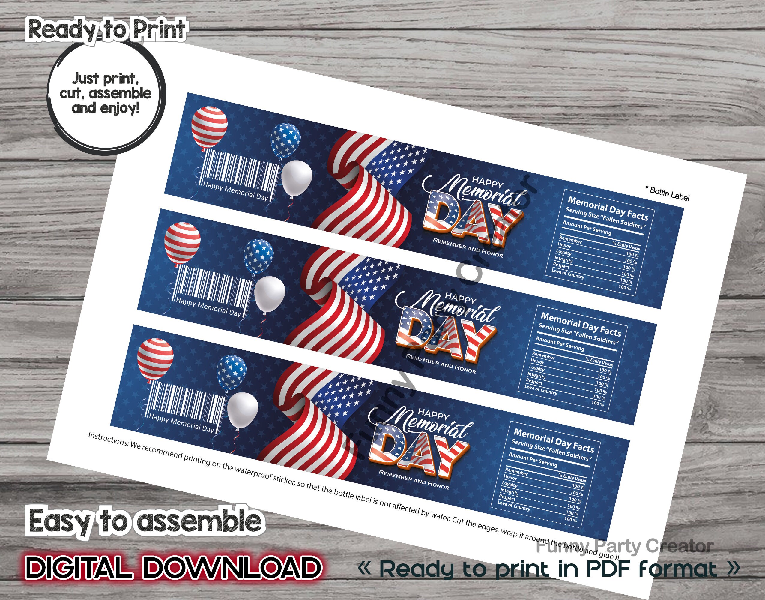 DIGITAL Printable Bottle Label for Memorial Day, Remember and Honor Day, Printable Memorial Day ...