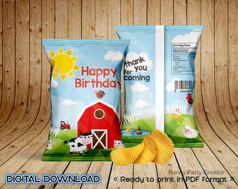 DIGITAL Chips Bag for Farm Animal Birthday Party, Decoration Supplies, Favor Bag, Barn- Cow- Horse- Sheep Theme
