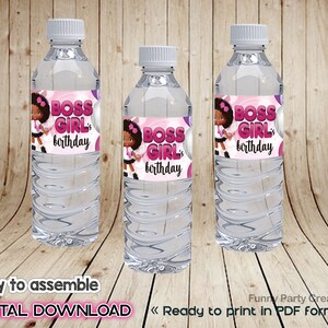 DIGITAL Bottle Label for Boss Girl Baby Birthday Party, Decorations for African American Girls, Printable Party Supplies, Pink Party Ideas