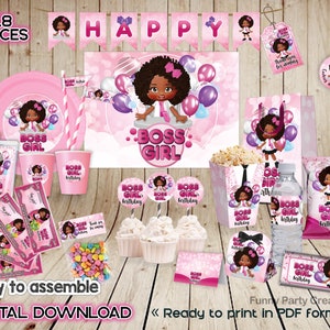 DIGITAL Boss Girl Baby Birthday Party Kit, African American Party Decorations, Printable Party Supplies, Pink Girl Theme Party Ideas