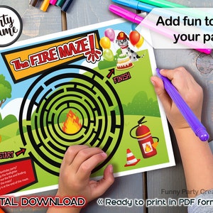 Puede incluir: Un juego de fiesta imprimible titulado "The Fire Maze!" presenta un laberinto con temática de bombero. El juego incluye un inicio y un final, un bombero de dibujos animados y el texto "Add fun to your party!". Las palabras "Digital Download" también son visibles.