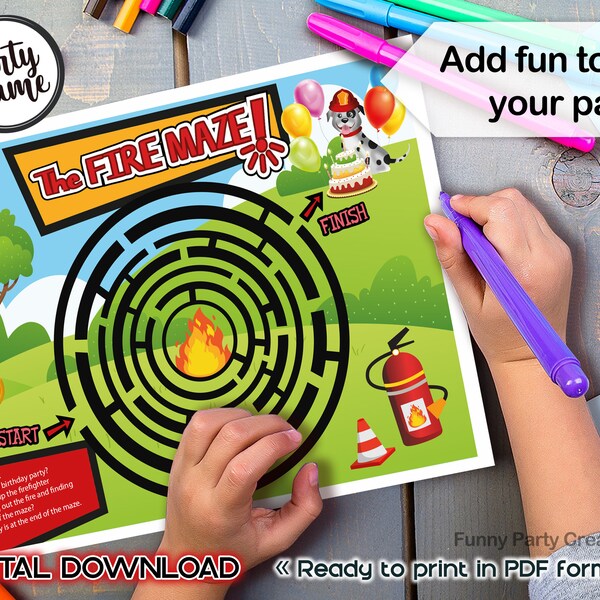 DIGITAL Maze Game for Fire Fighter Birthday Party, labyrinth board game, Fireman Decorations for Boys, Rescue Team
