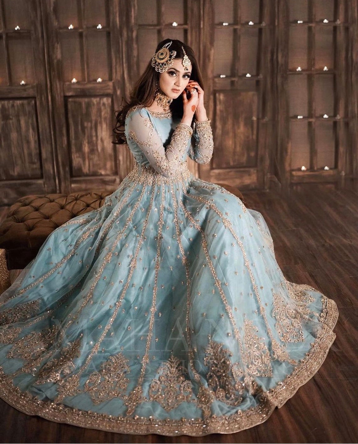 Custom Stitch Pakistani Indian Wedding Dresses Aqua Blue Net | Etsy