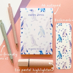 Coffret cadeau de papeterie pastel, 5 pingouins (respectueux de l'environnement !)