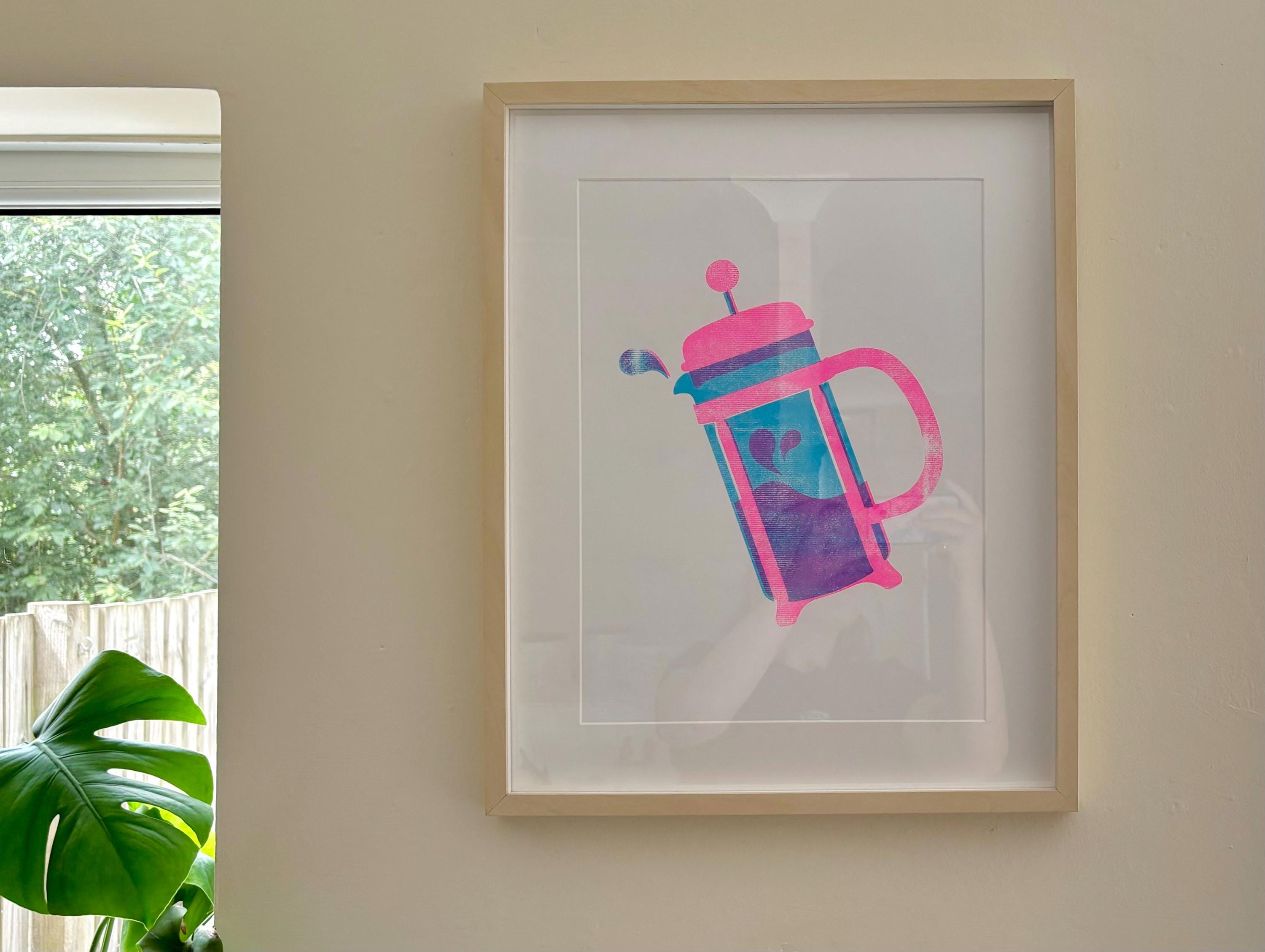 A3 coffee risograph print “Java” on white textured paper (French Press Coffee Art, Colourful Bodum-Inspired Print)