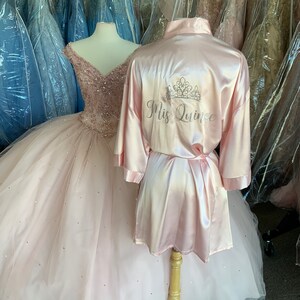Blush Pink Quinceañera Robe with Crown Gold or Silver Lettering – Personalized Satin Robe for Mis Quince Años, Sweet 16, or Birthday