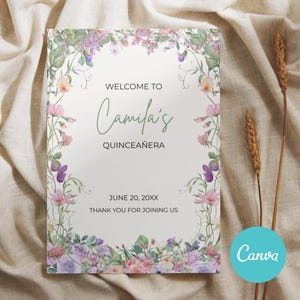 Signo de bienvenida de Quinceañera editable / Tema Garden Forrest / Plantilla Canva / Cartel de Mis Quince Años / Decoración de fiesta Sweet 15 / Descarga instantánea