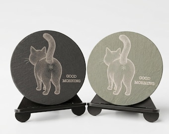Cat Butt Slate Coaster, Engraved Barware for Pet Lovers, Rude Home Accent, cat butt humor