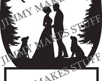 Outdoor Wedding Cake Topper SVG: Couple with Dogs (Cut File)