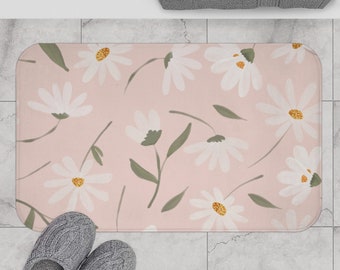 Daisies floral bathmat, floral rug, pink white shower mat, Girl's Bathroom mat, Custom Name Bath Rug, Kids Bathroom Decor, daisies decor