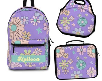 mochila floral retro, bolso floral groovy, set de regreso a la escuela, juego de loncheras, estilo hippy floral para niños de regreso a la escuela, estilo retro de los años 70