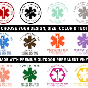 May include: A set of ten customizable medical alert stickers with different colors and designs. The stickers feature a red star of life symbol with a snake wrapped around it. The text on the stickers says "Choose Your Own Text" and "Medical Alert".