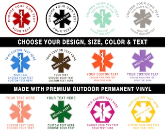 May include: A set of ten customizable medical alert stickers with different colors and designs. The stickers feature a red star of life symbol with a snake wrapped around it. The text on the stickers says "Choose Your Own Text" and "Medical Alert".