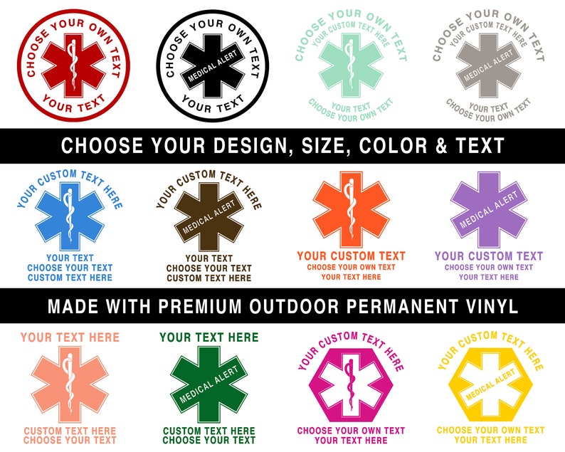 May include: A set of ten customisable medical alert stickers with different colours and designs. The stickers feature a red star of life symbol with a snake wrapped around it. The text on the stickers says "Choose Your Own Text" and "Medical Alert".