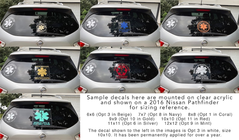 May include: Nine different colour variations of a decal featuring a medical symbol with the text "Save The Child" and "Medical Info On Board" are shown on the rear window of a silver car. The decals are mounted on clear acrylic and are shown on a 2016 Nissan Pathfinder for sizing reference.