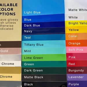 May include: A chart displaying available colour options for a product. The colours include beige, brown, rose gold, silver, silver chrome, gold, gold chrome, grey, light blue, blue, dark blue, navy, teal, tiffany blue, mint, lime green, green, dark green, matte black, black, matte white, white, bright yellow, yellow, coral, orange, soft pink, pink, red, burgundy, lavender, and purple.
