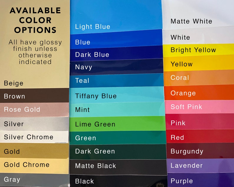 May include: A chart displaying available colour options for a product. The colours include beige, brown, rose gold, silver, silver chrome, gold, gold chrome, grey, light blue, blue, dark blue, navy, teal, tiffany blue, mint, lime green, green, dark green, matte black, black, matte white, white, bright yellow, yellow, coral, orange, soft pink, pink, red, burgundy, lavender, and purple.