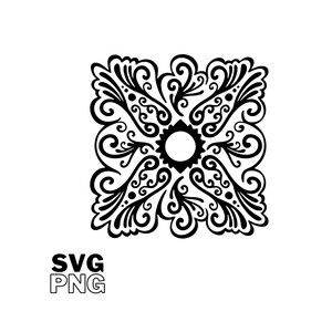 Puede incluir: Diseño cuadrado en blanco y negro con un intrincado patrón floral. El diseño presenta líneas arremolinadas, puntos y un elemento circular central. El texto "SVG PNG" se muestra debajo.