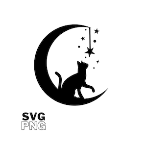 May include: Black silhouette of a cat sitting on a crescent moon, looking up at a star hanging from a string. There are other stars scattered around the moon.