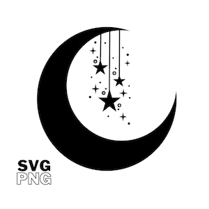 May include: Black and white silhouette of a crescent moon with five stars hanging from it.