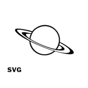 Op de afbeelding: Zwart-wit SVG-afbeelding van een planeet met ringen, die op Saturnus lijkt. De planeet is een witte cirkel en de ringen zijn zwart. Het woord "SVG" is eronder in het zwart gedrukt.