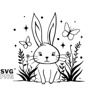 May include: A black and white line drawing of a rabbit sitting in a field of grass with butterflies and stars. The rabbit has large ears and a cute face.