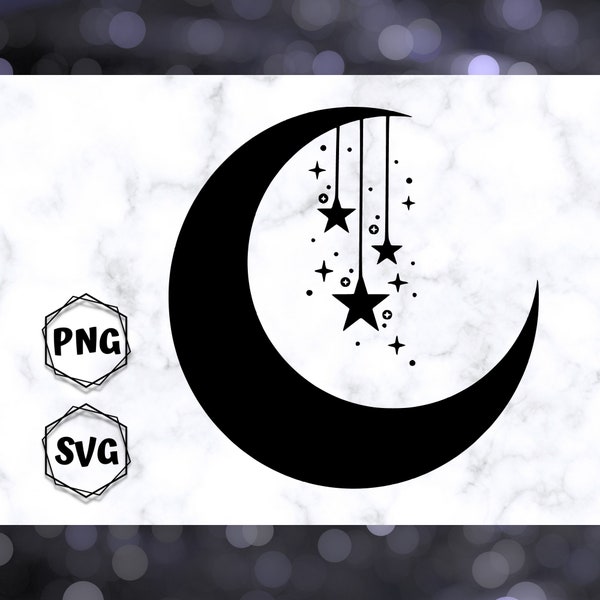 Crescent Moon with stars SVG and PNG files for cricut, silhouette machine, laser cutters, digital download art