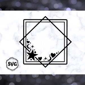 Puede incluir: Marco geométrico en blanco y negro con una estrella, una luna creciente y corazones en la esquina inferior izquierda. SVG.