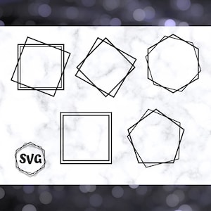 Puede incluir: Cinco formas de marco geométricas diferentes, que incluyen un cuadrado, un diamante, un hexágono y dos octógonos, se muestran sobre un fondo de mármol blanco. Los marcos son negros y están delineados. La palabra "SVG" está en una forma de octógono negro.