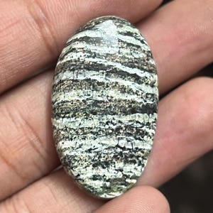 Könnte beinhalten: Ein ovaler Edelstein mit einem einzigartigen Muster aus geschichteten schwarzen, weißen und grauen Bändern. Die polierte Oberfläche reflektiert das Licht und hebt die natürlichen Texturen und Variationen des Steins hervor. Der Edelstein wird in einer Hand gehalten, um seine Größe und Form zu zeigen.