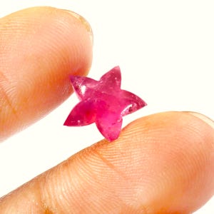Peut inclure: Une petite pierre précieuse en forme d'étoile d'un rose vif. La gemme est tenue entre deux doigts sur un fond blanc, mettant en valeur ses facettes polies et sa qualité translucide. L'étoile a cinq pointes et une surface lisse.