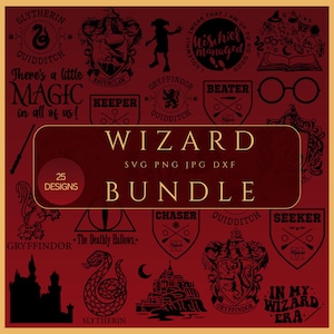 May include: A red and gold graphic bundle featuring 25 wizard-themed designs. Includes crests, quotes, and silhouettes of a castle, snake, and other magical elements. Text includes "Wizard Bundle" and "There's a little magic in all of us!"