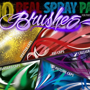Pu&ograve; includere: 100 pennelli spray paint reali per Photoshop e Procreate. L'immagine mostra quattro diversi tipi di effetti di vernice spray: tappi standard, tappi a spruzzo, tappi grassi e tappi di calligrafia.